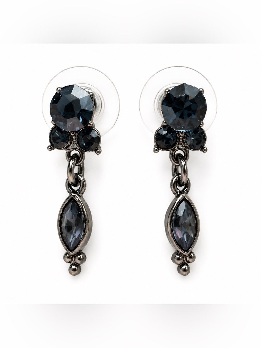 Vintage "Antiqued" Silvertone Blue Crystal Drop Dangle Earrings Pierced